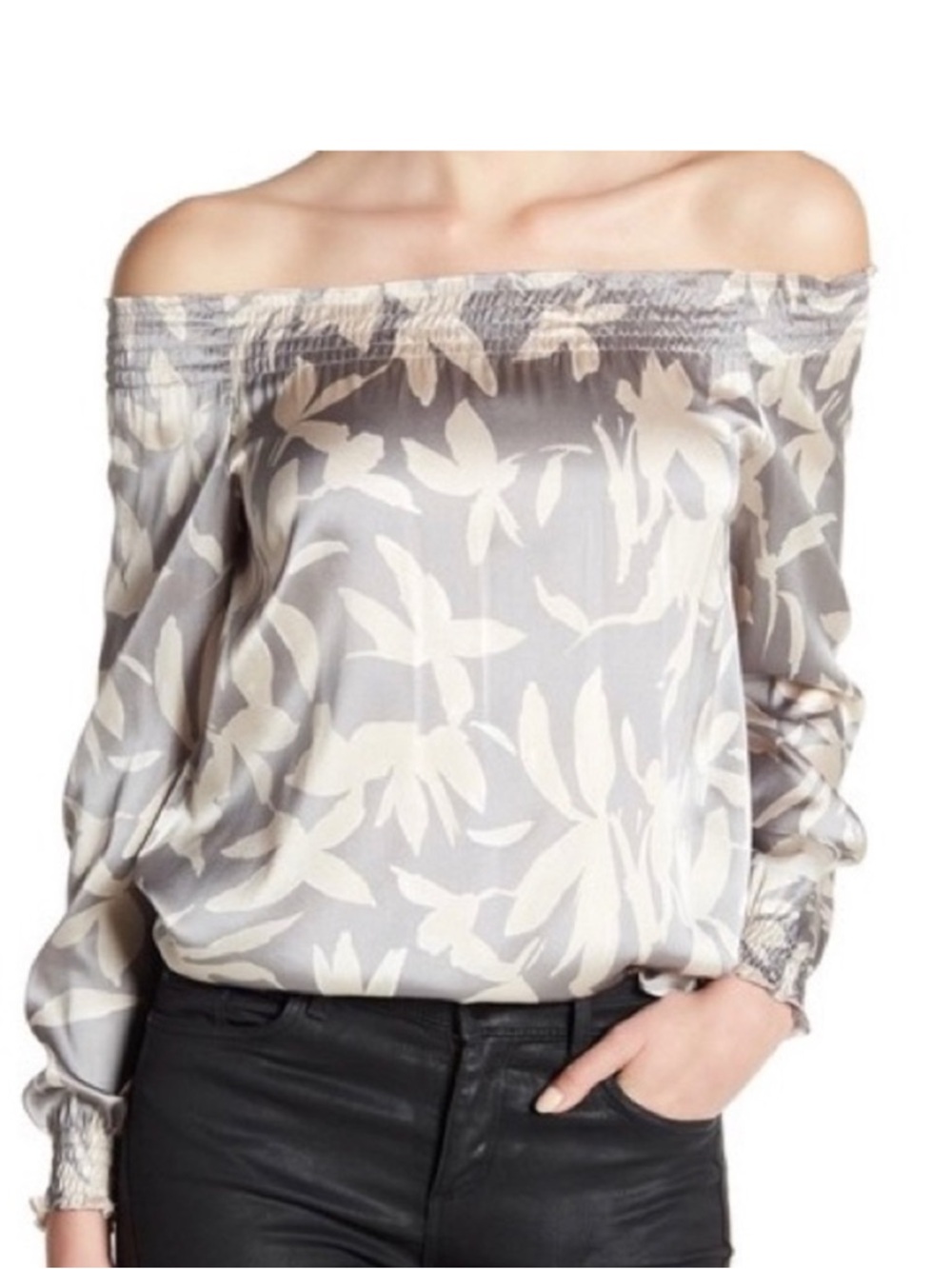 Off-Shoulder Floral Satin Blouse - Gray/Cream